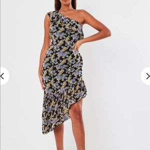 Black Floral One Shoulder Ruffle Midi Dress